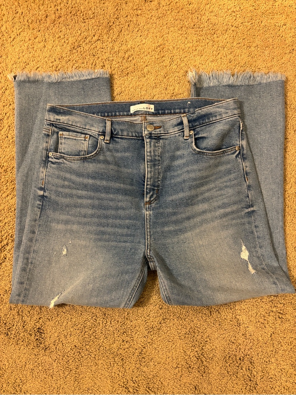 LOFT Medium Blue Frayed-Hem Cropped Skinny Jeans